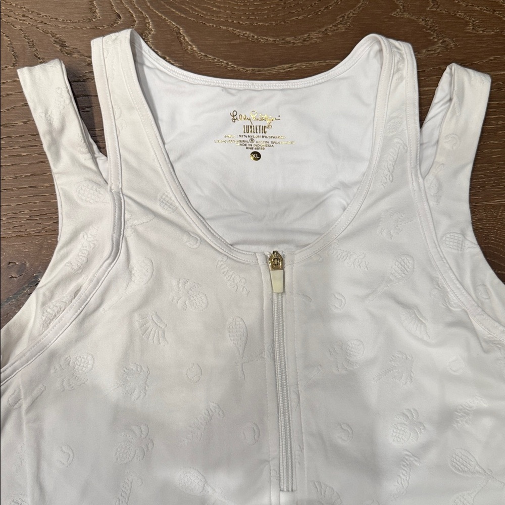 Lilly Pulitzer Luxletic XL White Embossed Tennis Dress | Ruffle Hem | Zip Front - Picture 2 of 6
